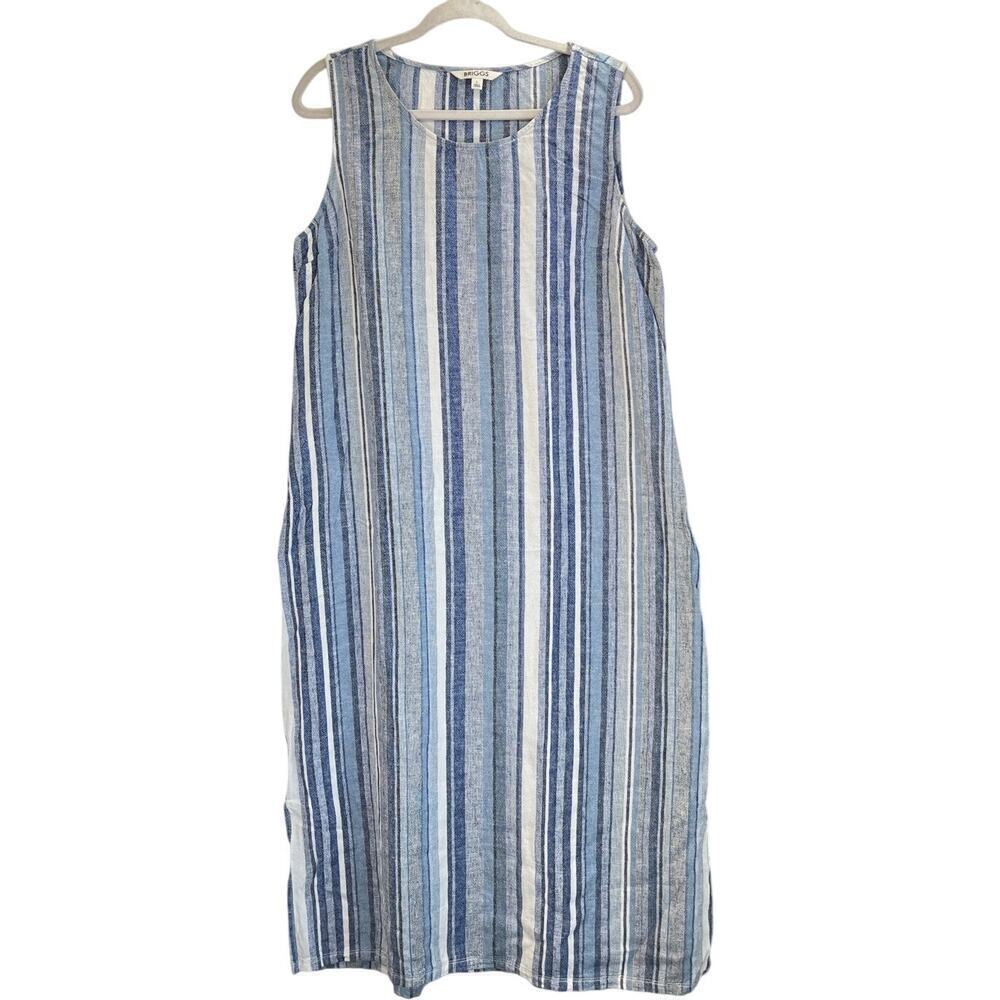 Briggs Womens L Blue Stripe Linen BlendLong SideSlits Coastal/Lagen Look Dress